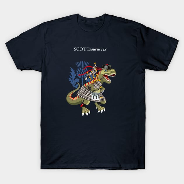 Clanosaurus Rex SCOTTsaurus rex Plaid Scott Black & White Scotland Ireland Family Tartan T-Shirt by BullShirtCo